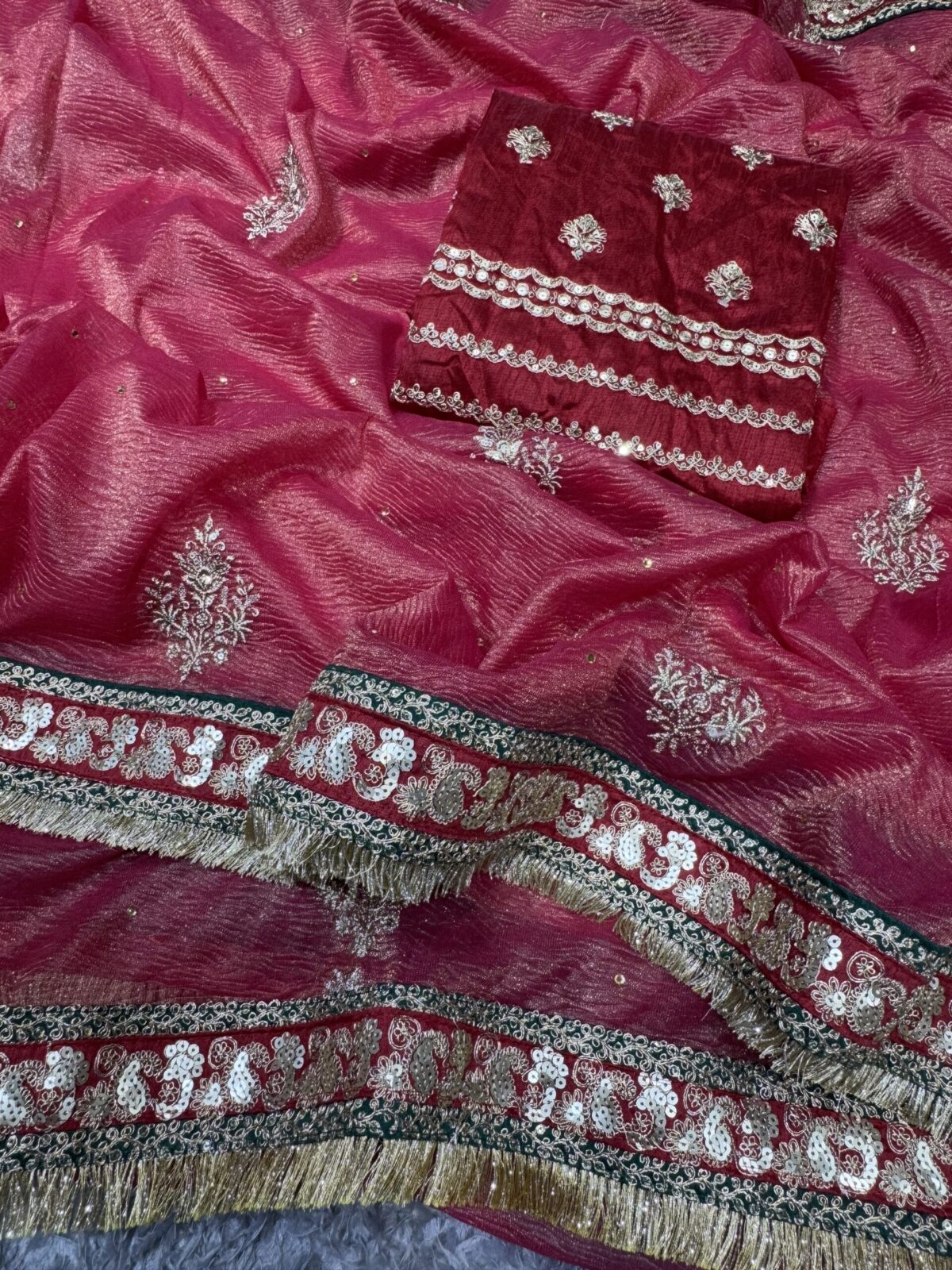 Women's Radiant Rani Pink Banarasi Crush Saree with Gota Patti & Sequin Embellished Border – Complete with Heavily Worked Blouse for Festive & Wedding Wear - Image 6