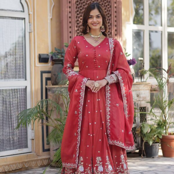 Women's Cotton Embroidered Anarkali Gown With Dupatta Set โ Festive Wear