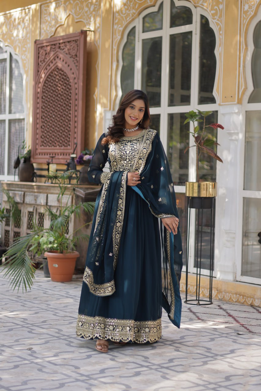 Women's Cotton Embroidered Anarkali Gown with Dupatta - Image 5