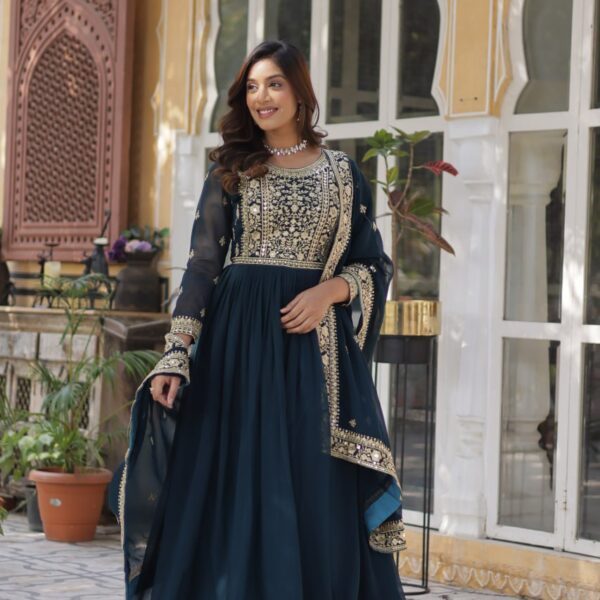 Women's Cotton Embroidered Anarkali Gown with Dupatta