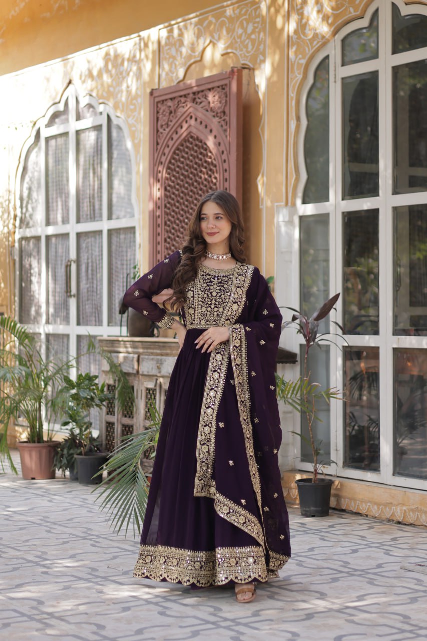 Women's Cotton Embroidered Anarkali Gown with Dupatta - Image 12