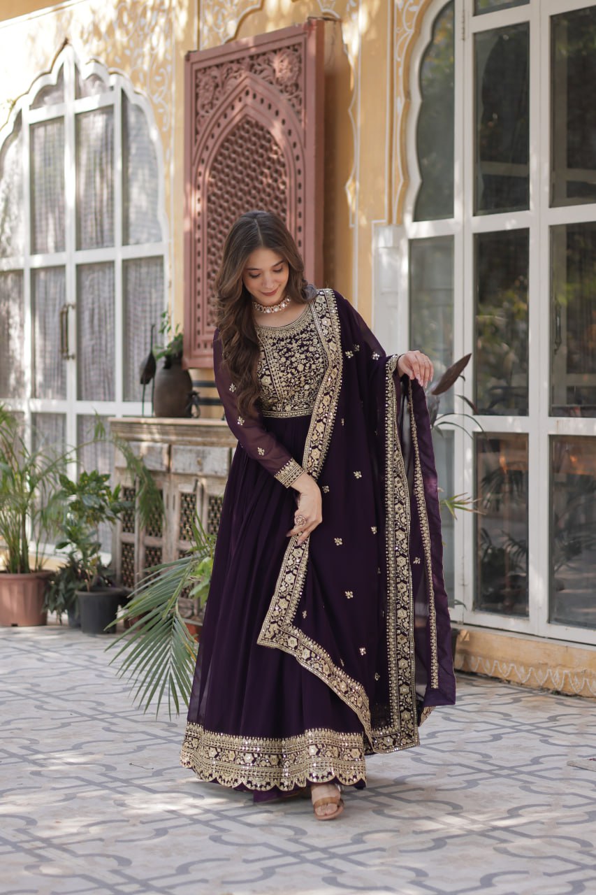 Women's Cotton Embroidered Anarkali Gown with Dupatta - Image 13