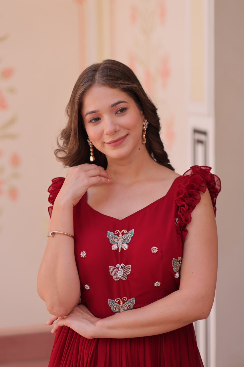 Women's Cotton Embroidered Flared Long Gown With Ruffle Sleeves - Image 9